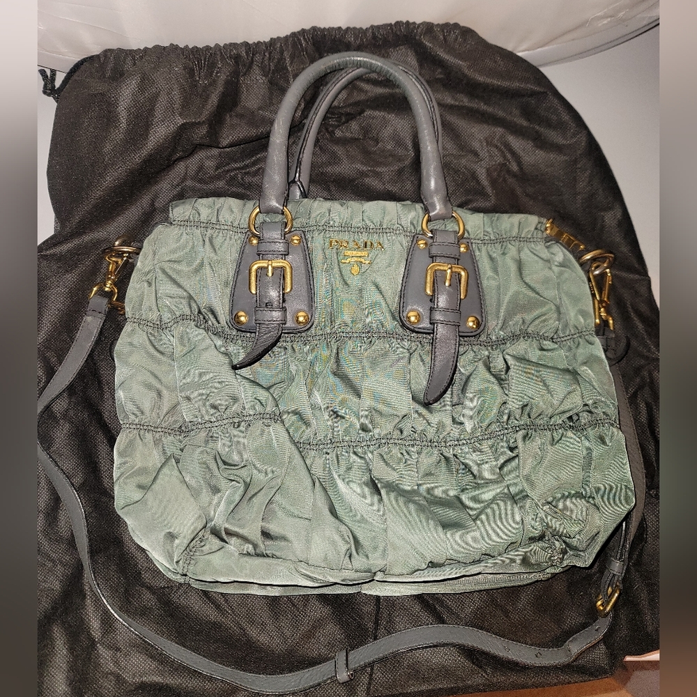 Prada green nylon convertable buckle tote
